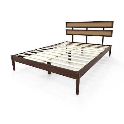 VINGLI Queen Size 82.5L x 62.8W x 42.1H Solid Wood Rattan Bed Frame with Headboard