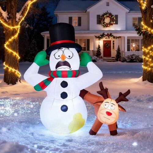 VINGLI 3.5ft Reindeer Peeing on Snowman Inflatable Christmas Yard Decoration LED Lights Built in Blower