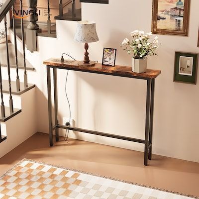 VINGLI 39W x 31H Console Table with Charging Station and 4.9 Ft Extension Cord Rusitc Brown