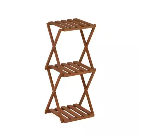 Furinno Tioman 32.87 in. H x 14.96 in. W x 11.81 in. D Outdoor Natural Wood 3-Tier Folding Plant Stand
