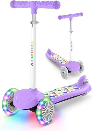 TONBUX Kids Scooter for Ages 3-8, Toddler Scooter with Light-Up Wheels, Adjustable 4-Level Height 3-Wheel Scooters for Kids, Lean-to-Steer Design