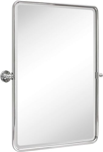 TEHOME Chrome Pivot Rectangle Bathroom Vanity Mirrror Farmhouse Tiltable Rounded Metal Framed Pivoting Bathroom Mirror with Beveled Mirrror