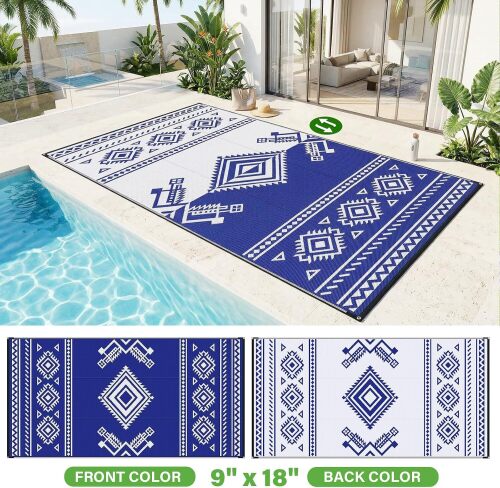 GOTGELIF Reversible Blue and White Boho Outdoor RV Camping Rug, Waterproof