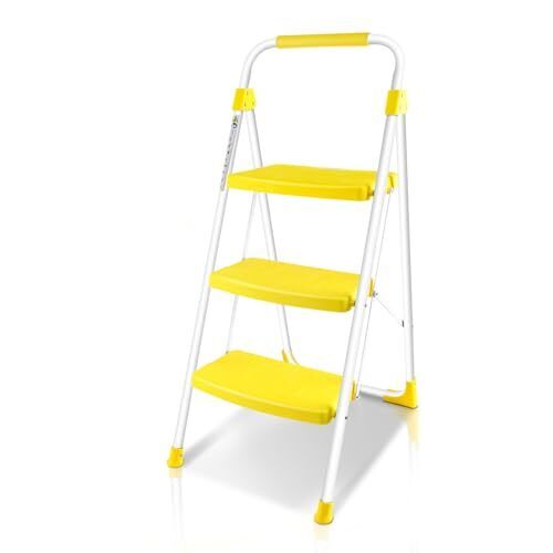 TOOLITIN 3 Step Ladder, Folding Step Stool with Wide Anti-Slip Pedal, 500lbs Sturdy Steel Ladder, Convenient Handgrip, Lightweight, Portable Steel Step Stool for Household, Kitchen, Office