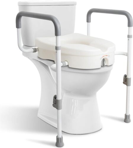 WeHwupe Raised Toilet Seat with Handles for Seniors, 5-inch Rise Toilet Seat Risers for Seniors with Handles and Padded Arms, Elevated Seat for Handicap, Fits Standard & Elongated Commodes