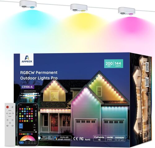 APPECK Permanent Outdoor Lights Pro, 200ft with 144 RGBCW Eaves Lights Dual Lens, 144W, 80lm, Cuttable, IP67 Waterproof Lighting for Daily and Holiday Decor, Compatible with Alexa, White