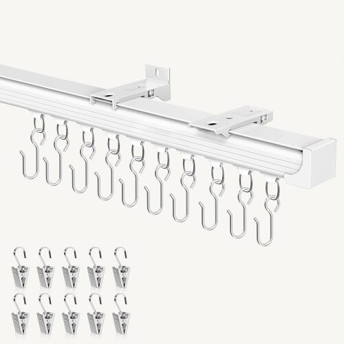 Hei! Dear 15 to 18 Feet Curtain Rod, White – Adjustable Ceiling/Wall Mount, Heavy Duty Curtain Track System with 60 Rollers, 60 Hooks, and 60 Clips
