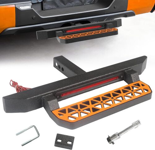 Universal Trailer Hitch Step for 2 Inch Receiver w/LED Brake Light, Tow Drop Hitch Step Bar Rear Bumper Guard Protector with Pin Lock & U-Bolts Stabilizer for Pickup Truck Van RV SUV ATV Car