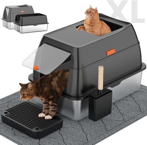 Lobeve Extra Large Stainless Steel Litter Box with Lid, Easy-Clean Pan Enclosed Litter Box with Leak-Resistant Design, High Sides, Front Entry and Top Exit; Odor Control, Scoop and Mat Included