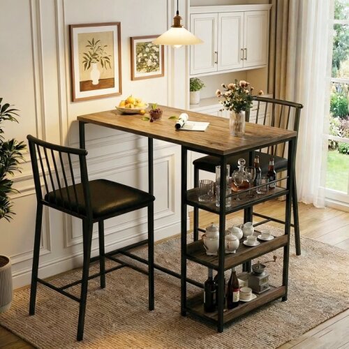 Lofka Dining Table Set for 2 with 3 Storage Shelves, Lofka Kitchen Table and Chairs for 2 with Pu Cushion Chairs & Thick Wood Top, 3 Piece Dining Table Set for Small Space - Grey