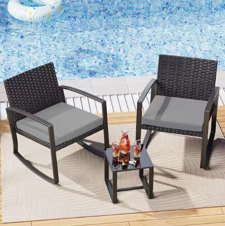 Lofka 3 Pieces Patio Furniture Set Rattan Rocking Bistro Set Outdoor with Coffee Table for Garden, Gray