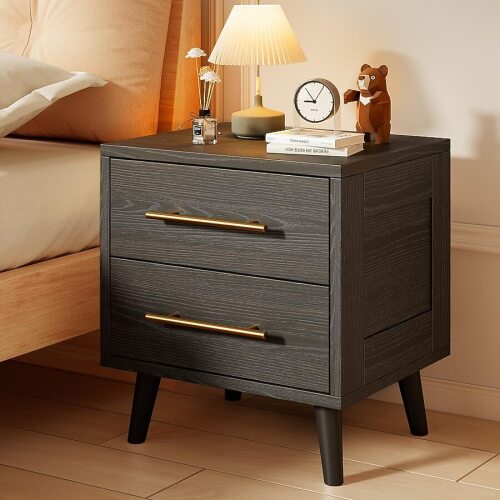 Lofka Nightstand Bedside Table with Metal Handles Modern Wood Night Stand 2 Drawer Dresser for Bedroom - Black