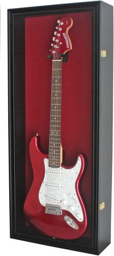DisplayGifts 42" Electric Guitar Display Case Cabinet Shadow Box with Guitar Hanger Stand, Lockable UV Protection Red Felt Interior with Black Finish Frame