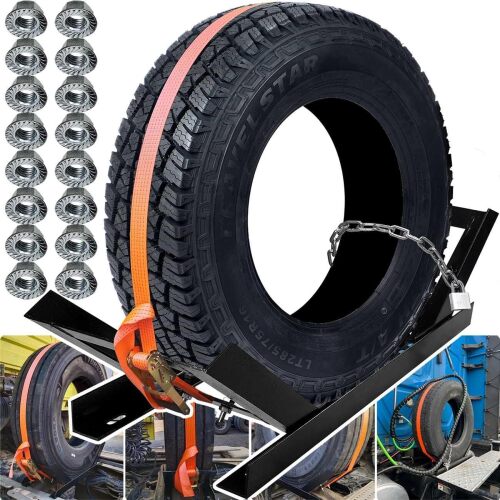 Semi Truck Spare Tire Rack, Self-Locking Anti-loosening Screws Tractor Trailer Mount Holder, Commercial Truck Storage Carrier Adjustable Tire & Rim Carrier Holder Bed Rack Behind Cab