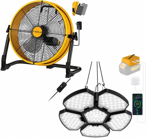 T-SUNiceM 12" Battery Operated Floor Fan and 65W 6500LM Cordless LED Work Light Compatible with Dewalt 20V Max Battery