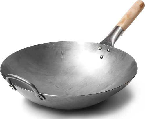 Craft Wok Traditional Hand Hammered Chinese Carbon Steel Wok with Wooden and Steel Helper Handle