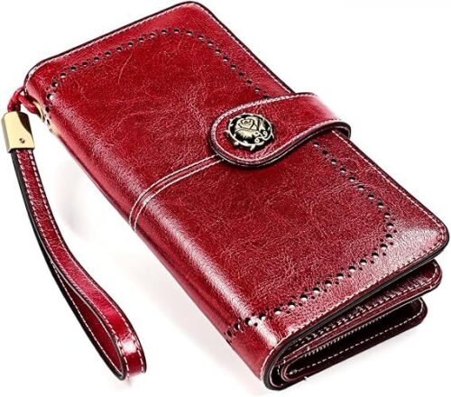 Leather Long Wallet for Women Large Capacity RFID Blocking Credit Card Holder Travel Leather Zipper Wristlet Wallets