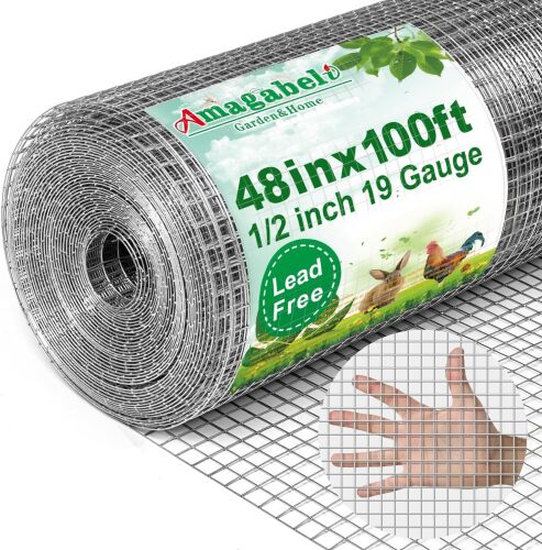 AMAGABELI GARDEN & HOME Hardware Cloth 1/2 Inch 48 x 100 ft 19 Gauge Chicken Wire Fence Weld Wire Fence Mesh Roll Garden Fencing Border Plant Support Poultry Netting Snake Fence Gopher Wire