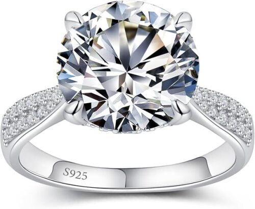 Elio Passero 925 Sterling Silver Round Moissanite Engagement Ring for Women Round Cut Solitaire & Pave Moissanite Rings for Women with 18K Gold Plated, Wedding travel Engagement Rings 3CT