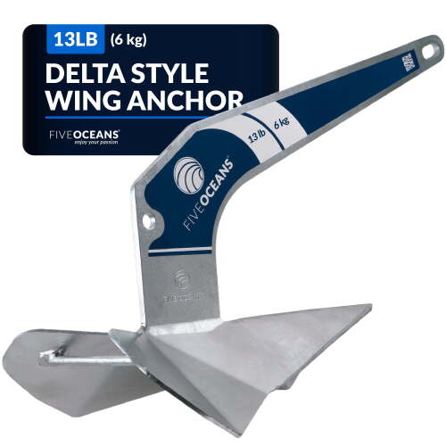Five Oceans Delta Style Wing Boat Anchor, 13 Lb / 6 Kg Galvanized Steel Boat Anchors, Premium Series, for Pontoon, Fishing Boats, Bass Boats, Sport Boats, Sport yachts, Sailboats - FO4214