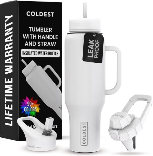 Coldest Tumbler with Handle and Straw Lid | 3 Lids Insulated Stainless Steel Water Bottle Travel Mug | Gifts for Women Him Her | Limitless Collection (46 oz, Epic White)