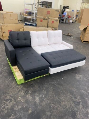 BCP Tufted Faux Leather 3-Seat L-Shaped Sectional Sofa Set with Ottoman Bench - Black and White color