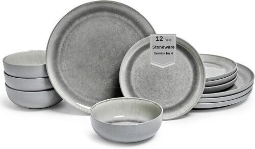 Sango Asher 12-Piece Stoneware Dinnerware Set – Service for 4, Modern Gray with Reactive Glaze