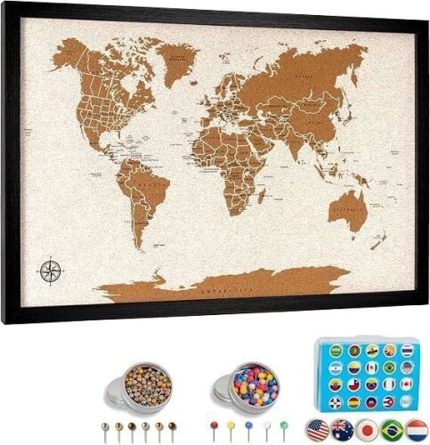 World Map Pin Board Medium 21"x14" Framed