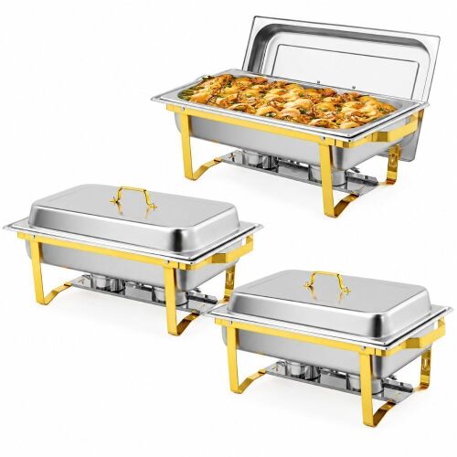 ROVSUN 9 QT Rectangular Gold Chafing Dish Buffet Set with Full-Size Pans, 3 Pack