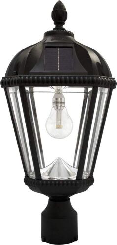 Gama Sonic Outdoor Solar Post Light, Black Aluminum, Royal Bulb, Rain Water Glass