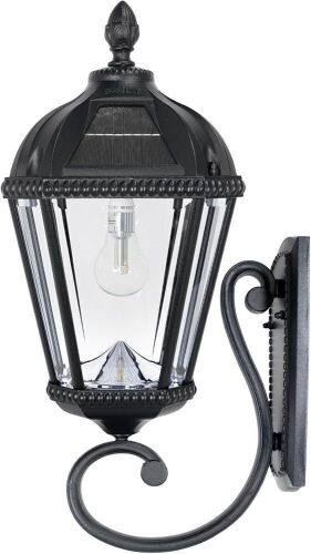 Gama Sonic Solar Outdoor Wall Light, Royal Bulb Exterior Sconce Lamp, Black Cast Aluminum, Clear Beveled Glass, Warm White LED with Omni-Direction Reflector, Large 21-Inch Height