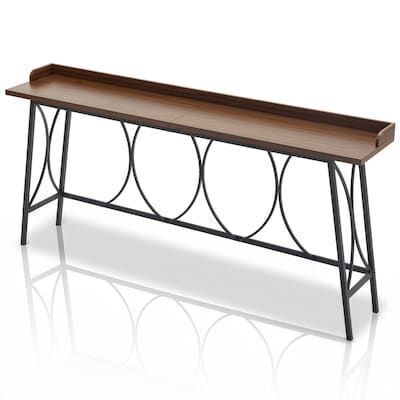 82.3 in Industrial Farmhouse Narrow Counter Height Bar Table with Black Metal Frame and Footrest