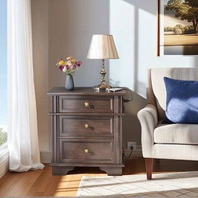 VINGLI 16.1D x 24W x 26.4H 3-Drawers Wood Nightstand with Charging Station