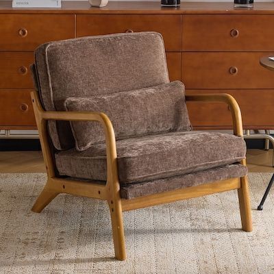 Brown Mid Century Solid Wood Accent Chair Chenille