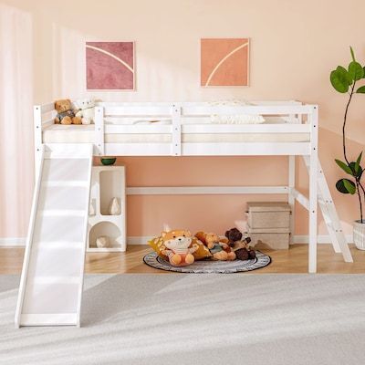 VINGLI 79L x 41W x 47H Pine Wood Twin Loft Bed with Slide Guardrail and Ladder White