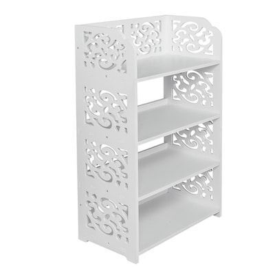 4-Tier Carved Shoe Rack PVC Wood Plastic Board 17 Inch White