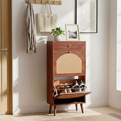 Rattan Panel 1 Drawer 2 Flip Drawer Shoe Cabinet Particleboard 21.26 W