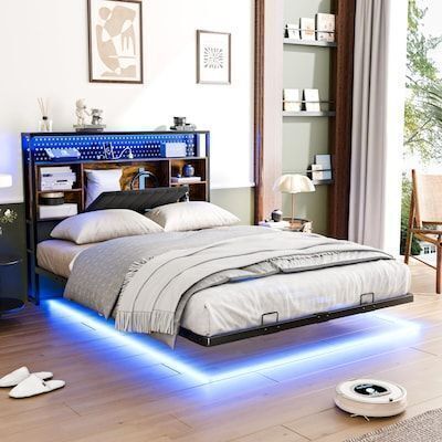 VINGLI Full Floating Bed Frame with LED Lights/Charging Station/Hidden Storage/Velvet Headboard