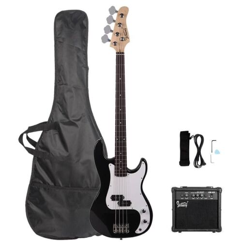 Full Size Electric Bass Guitar Beginner Kit 4 String Exquisite Basswood Bass with 20W AMP, Cable, Strap, Bag