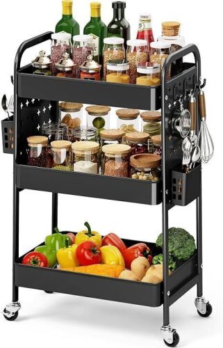 KINGRACK 3 Tier Rolling Cart Metal Utility Cart with DIY Pegboard