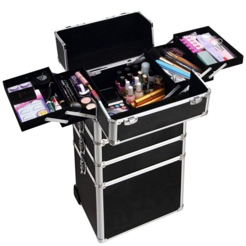 Makeup Train Case Organizer with Wheels Drawers, Black
