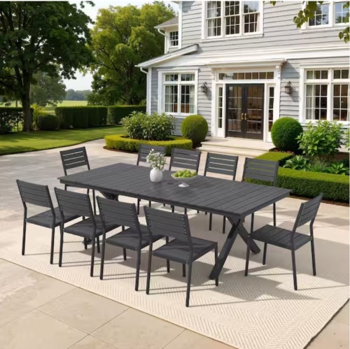 Pellebant Black 11-Piece 94 in. Aluminum Wood-Like Rectangular Patio Outdoor Dining Set with Stackable Chairs and Umbrella Hole