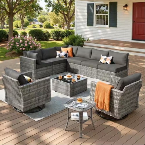 Hooowooo Mirada Gray 10-Piece Wicker Outdoor Patio Sectional Furniture Set with Swivel Chairs and Black Cushions