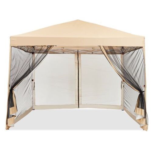 10x10 Foot Pop-Up Canopy Tent with Mesh Sidewalls in Beige