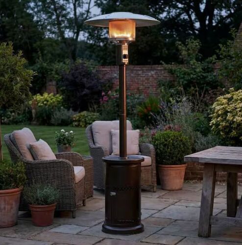 HeatMaxx Outdoor Propane Patio Heater 48000 BTU, Mushroom Top Adjustable Reflector, Tilt Directional Heat, Hammertone Bronze