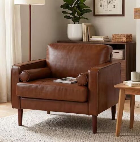 Mid-Century Modern Brown PU Leather Upholstery Arm Chair with 2 Bolster Pillows
