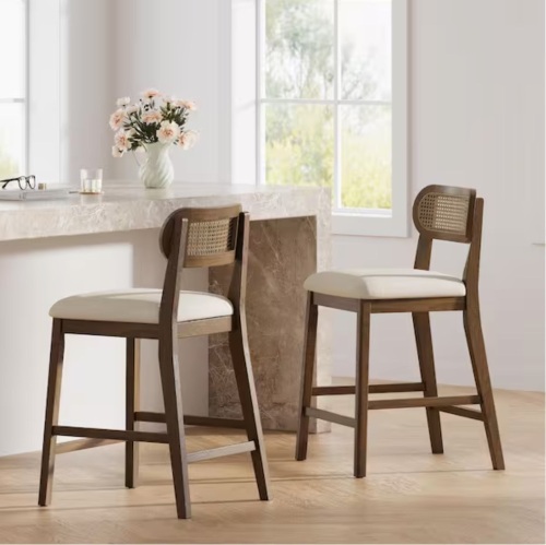 Christopher Knight Home Set of 2 Alven 37.24 in. H Brown Low Back Solid Wood Counter Barstools with White Fabric Cushion and Rattan Back
