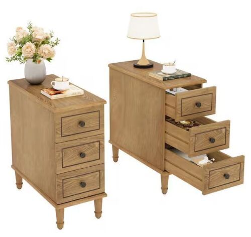Tribesigns Calin 11.81 in. W Assembled 3-Drawers Narrow Rectangle MDF Brown Nightstand, Set of 2