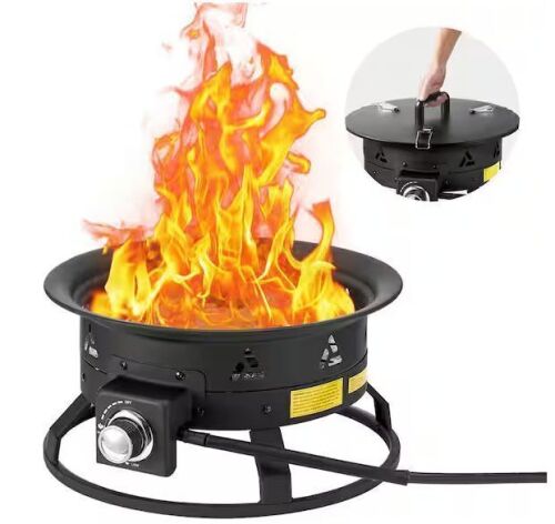 VEVOR 19 in. Diameter Outdoor Portable Propane Fire Pit with Cover and Lava Rocks Adjustable Flame Height, Black