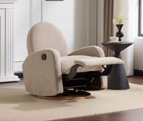 Harper & Bright Designs Almond Multifunctional Modern Boucle Fabric 360° Swivel Base Recliner Glider Solid Wood Nursery Chair
